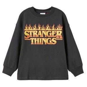 Zara Black Long-Sleeve Tee with Yellow-Orange Flame 'Stranger Things' Graphic